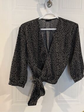 Dynamite Black Polka Dot Wrap Tie Blouse